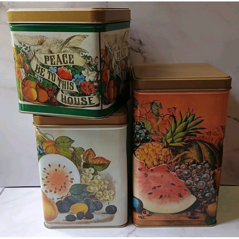 Vintage 1996 Olive Can Co 8.5" 6.5" & 4.5"‎ Tin Container Canister Fruit Design